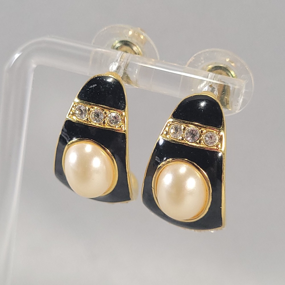 Joan Rivers Earrings Womens Gold Tone Black Enamel Faux Pearl Rhinestone J-Hoop